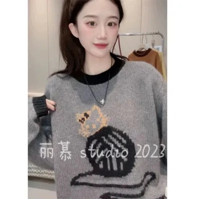 時尚減齡貓咪卡通圖案圓領針織衫毛衣女秋冬新款休閒百搭套頭毛衣
