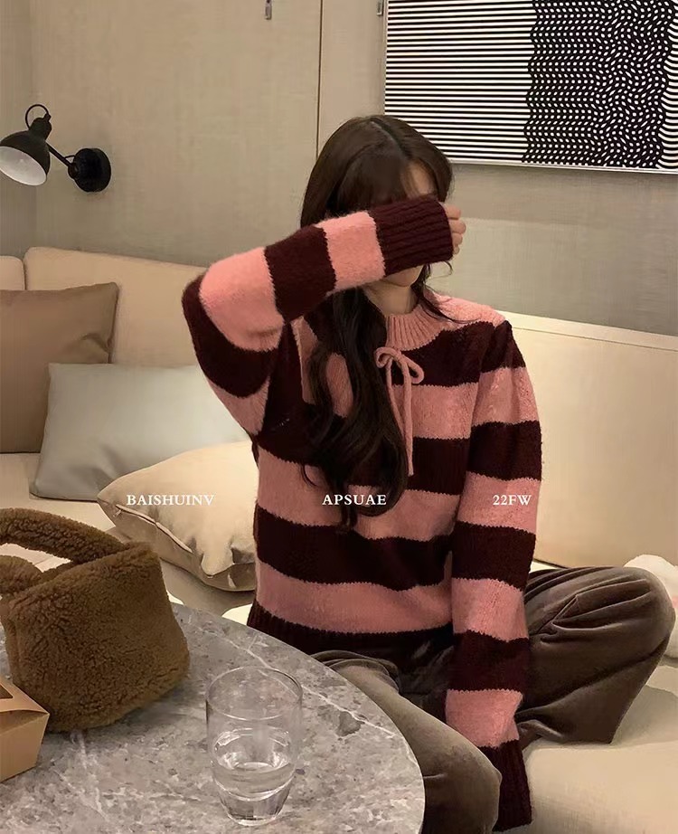 白水女 條紋撞色毛衣女春秋寬鬆外穿慵懶風長袖圓領套頭針織上衣