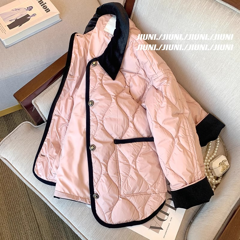 Pink velvet spliced ​​lapel rhombus cotton jacket for women winter 2023 new casual loose thickened small fragrance style jacket