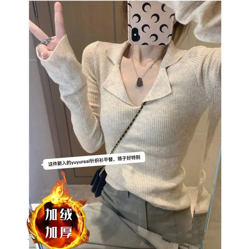 天貓質量軟糯polo領針織衫女秋冬設計感V領長袖打底衫露鎖骨