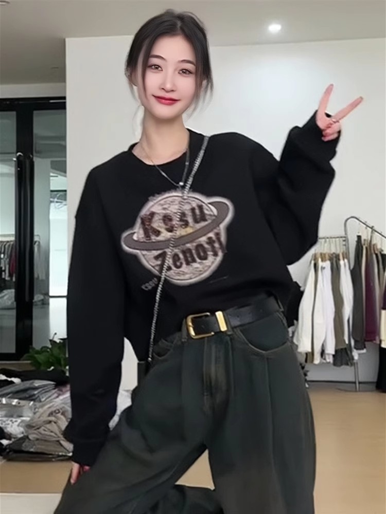 黑色短款圓領衛衣女春秋款時尚洋氣寬鬆秋季長袖上衣