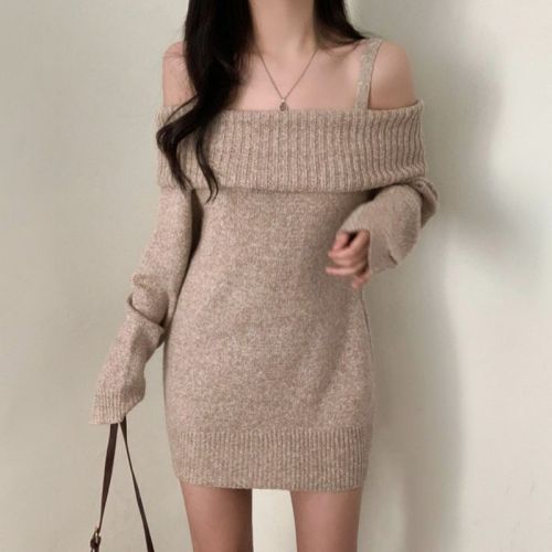 Korean chic sexy off-shoulder one-neck knitted dress with a stylish and stylish suspender sweater skirt
