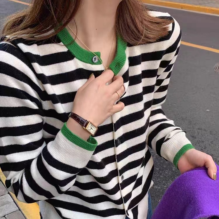 時尚氣質~百搭條紋撞色羊毛開衫女圓領寬鬆經典針織長袖打底外套