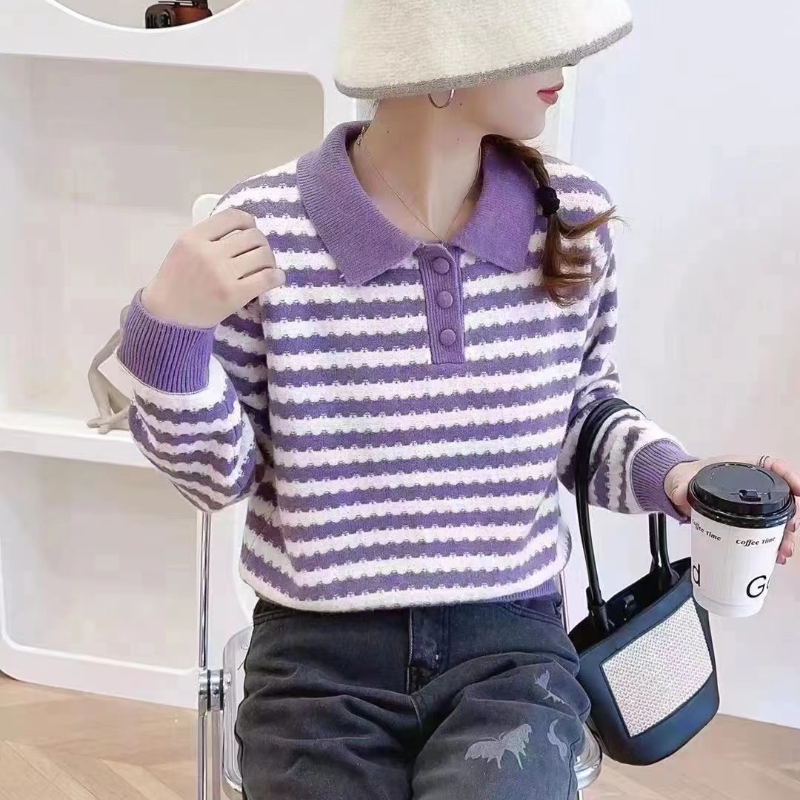 2023秋季新款polo領顯瘦條紋針織衫女法式高腰短款百搭長袖上衣潮