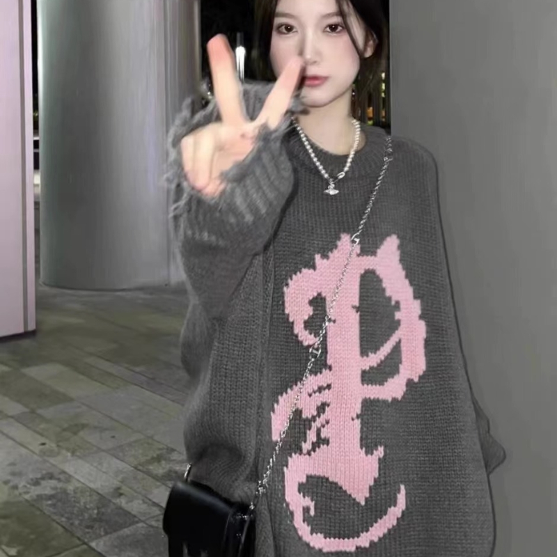 美式慵懶風復古做舊毛衣男女秋冬破洞小眾圓領套頭情侶針織衫外套