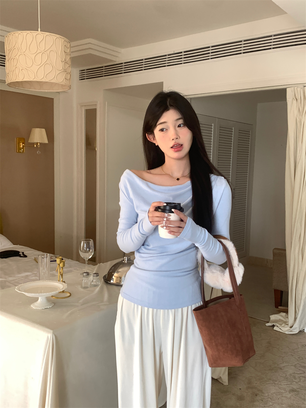 實拍溫柔歐尼韓系一字肩打底衫修身顯瘦百搭磨毛上衣內搭
