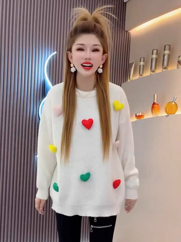 2023新年洋氣厚毛衣女秋冬寬鬆慵懶風針織衫***手工訂花套頭上衣