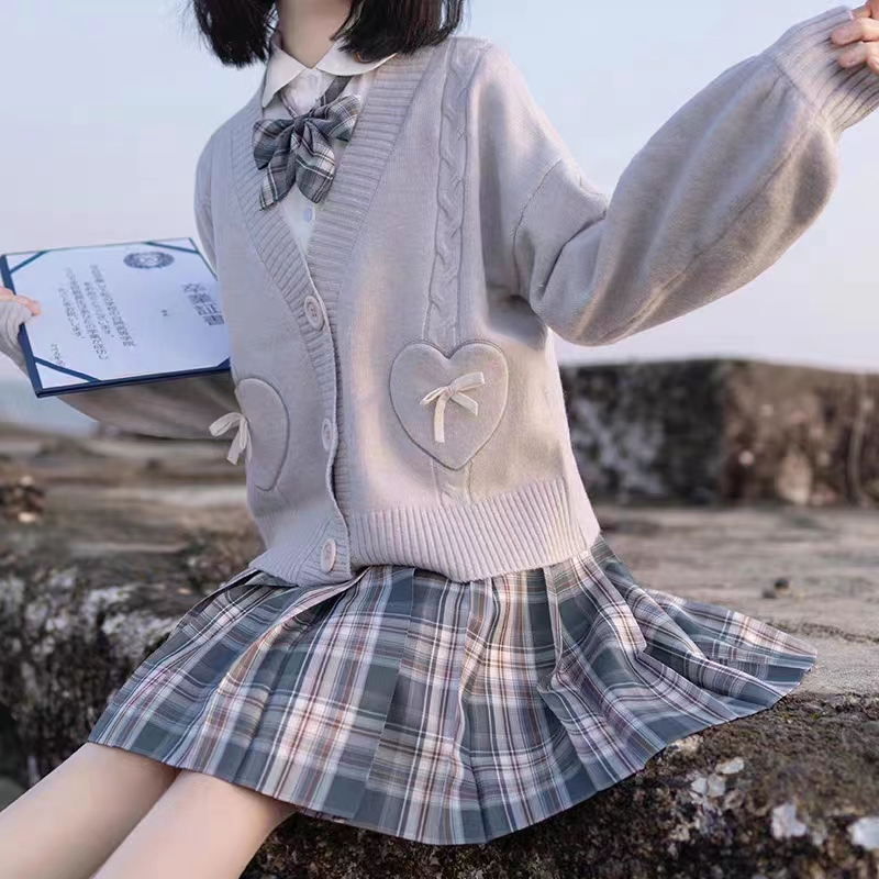 秋冬日系JK制服學院風清新針織外套V領開衫毛衣女軟妹短款外套女