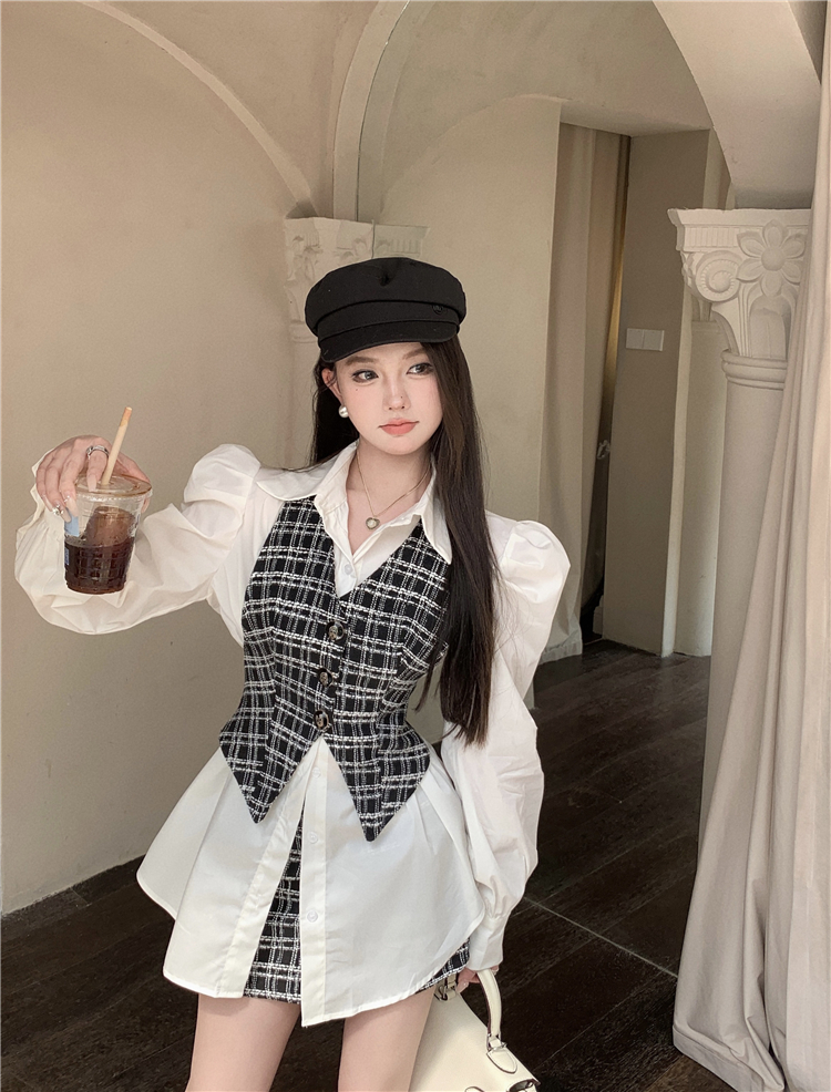 實拍！小香風馬甲套裝泡泡袖襯衫高腰短裙三件套女
