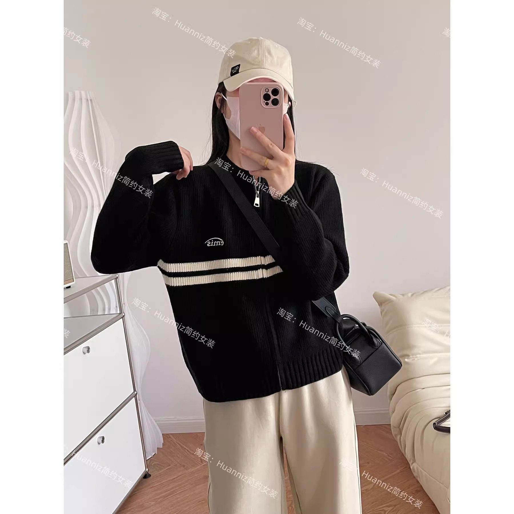College style round neck zipper knitted cardigan autumn and winter thick warm loose sweater short coat striped letter embroidery