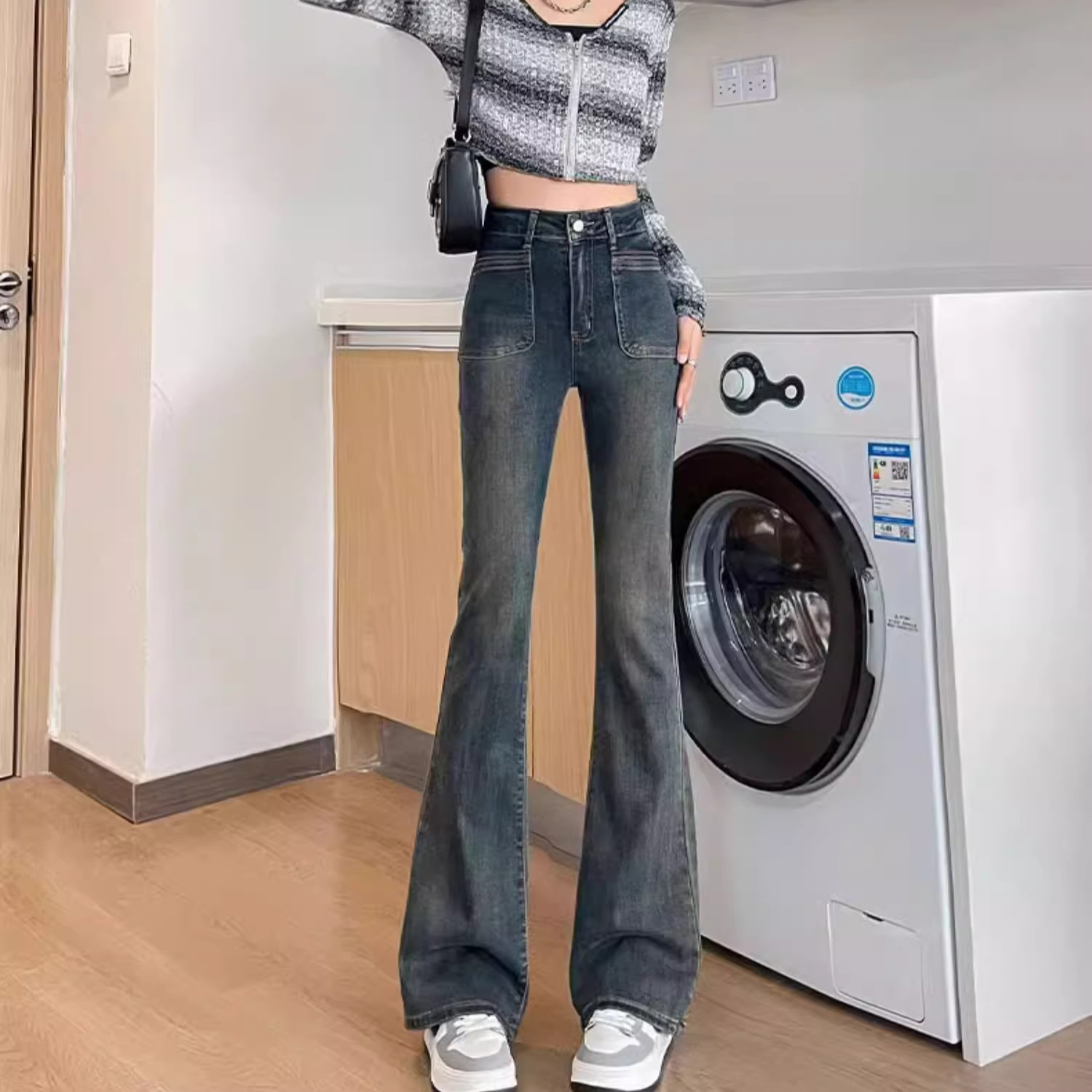 復古高街微喇牛仔褲女秋冬新款美式高腰彈力修身顯瘦百搭馬蹄褲子