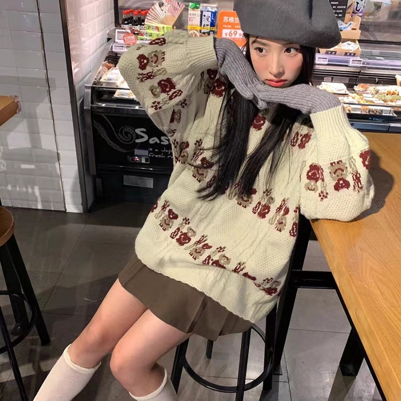 時尚減齡小熊印花毛衣女2023新款百搭慵懶寬鬆顯瘦針織衫