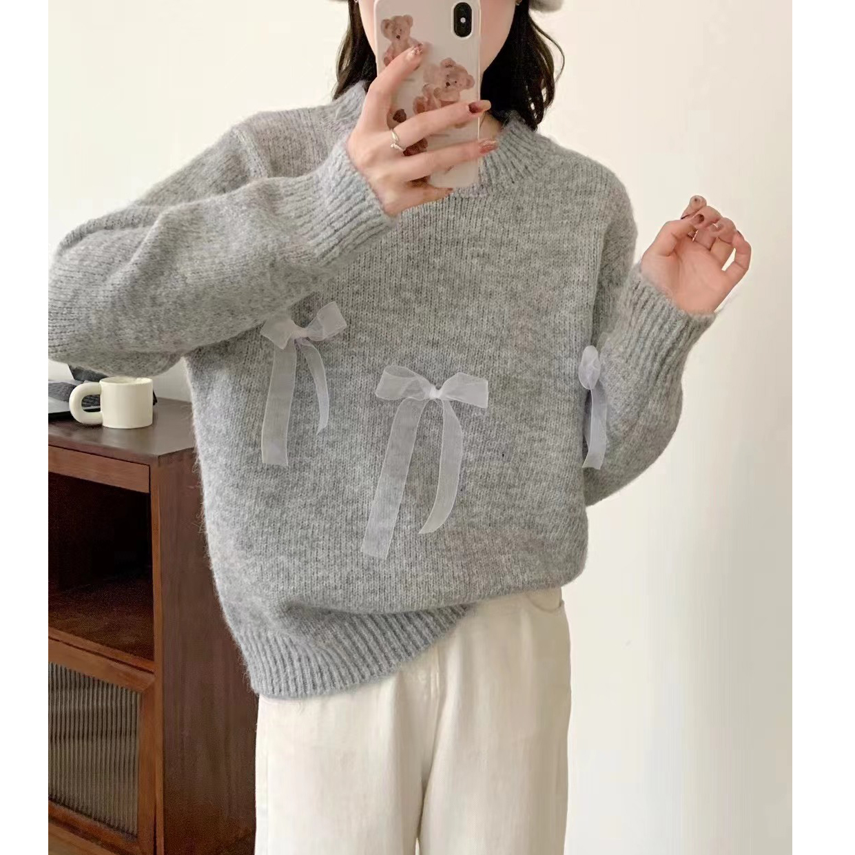 韓版設計感超仙蝴蝶結毛衣女秋冬慵懶風寬鬆甜美百搭長袖針織上衣