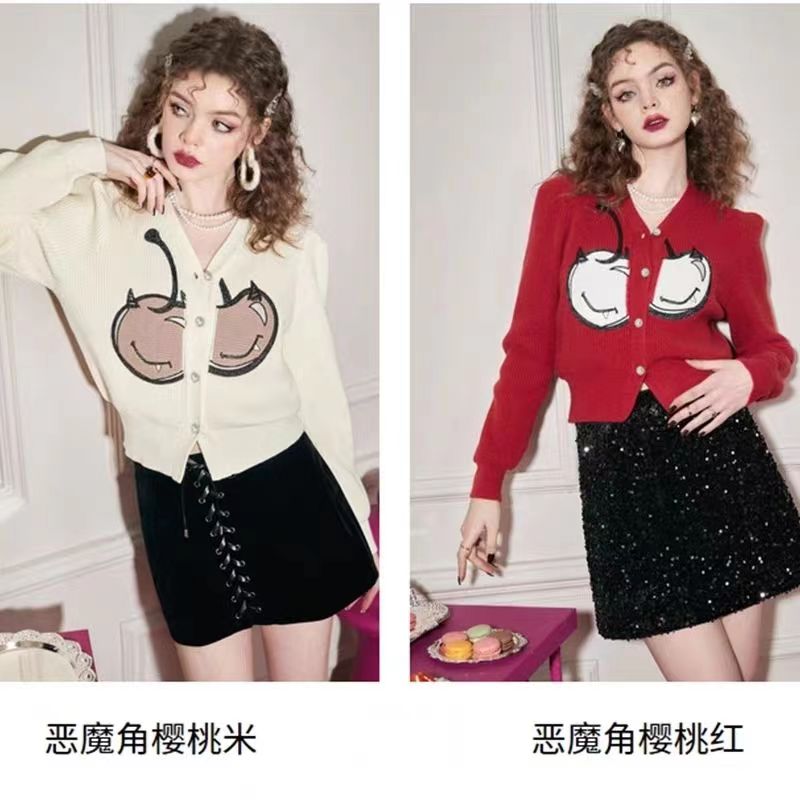 Cherry red sweater cardigan for women 2023 spring new v-neck sweet style right shoulder slim short style small women's clothing