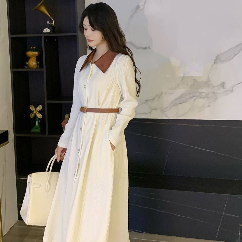 溫柔風2024春季新款女士顯瘦燈芯絨時尚氣質淑女裝連衣裙