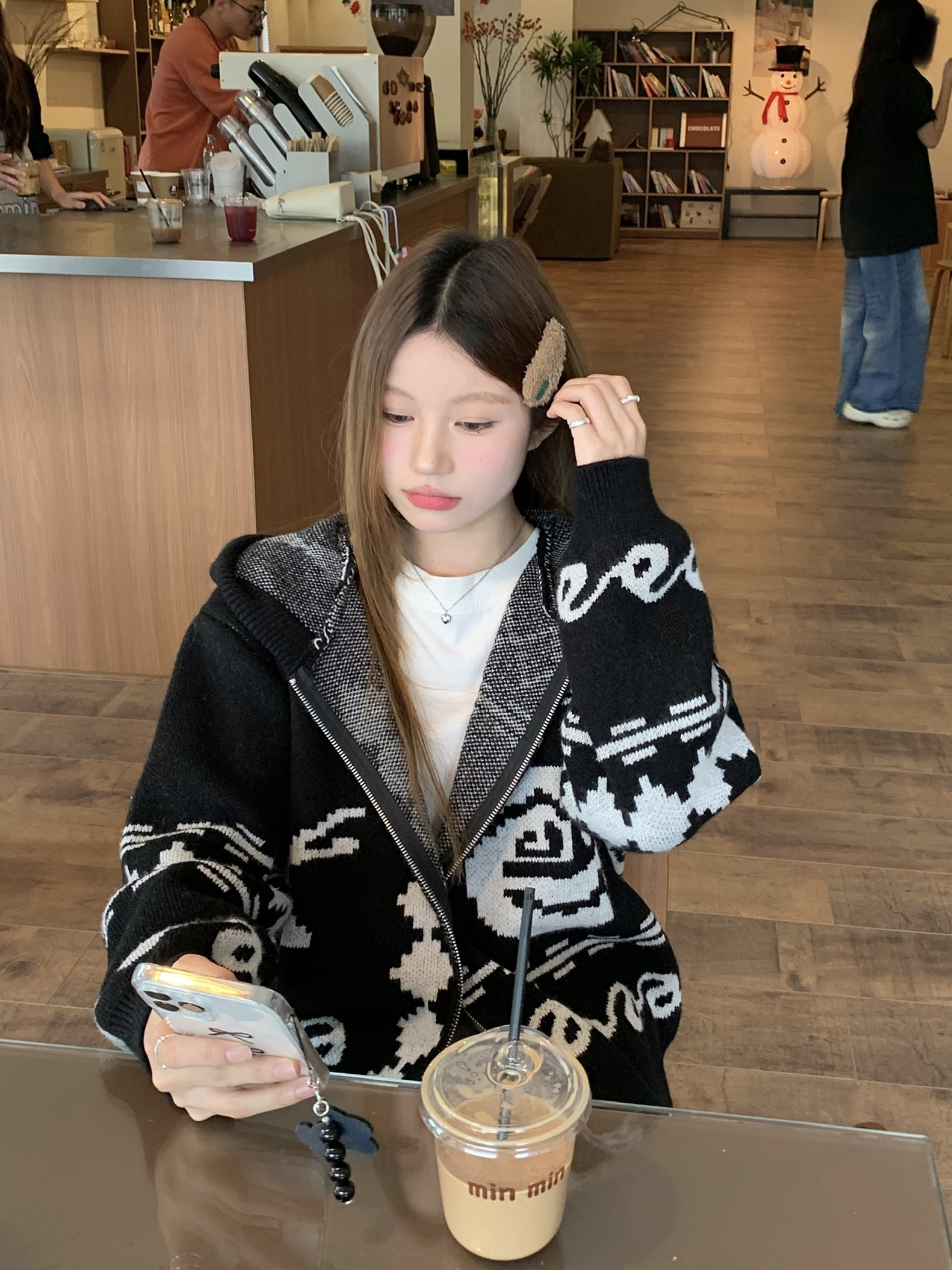 實拍三標齊復古雙色撞色連帽提花保暖寬鬆毛衣外套