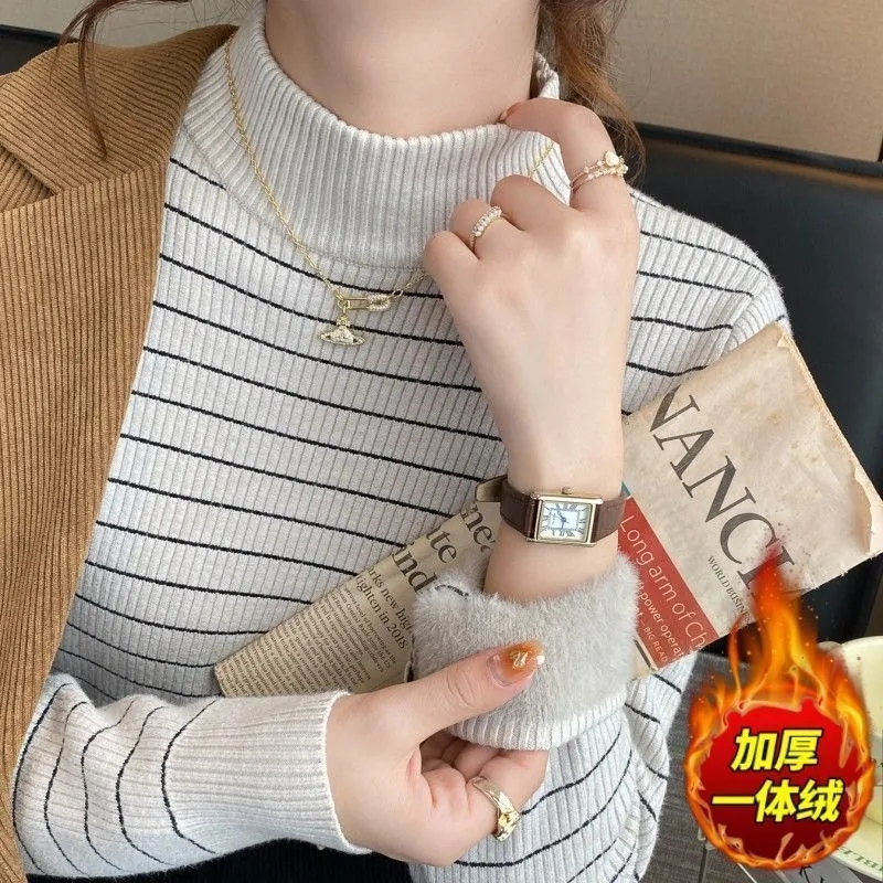 天貓質量一體絨毛衣女加絨加厚新款條紋半高領保暖百搭打底衫