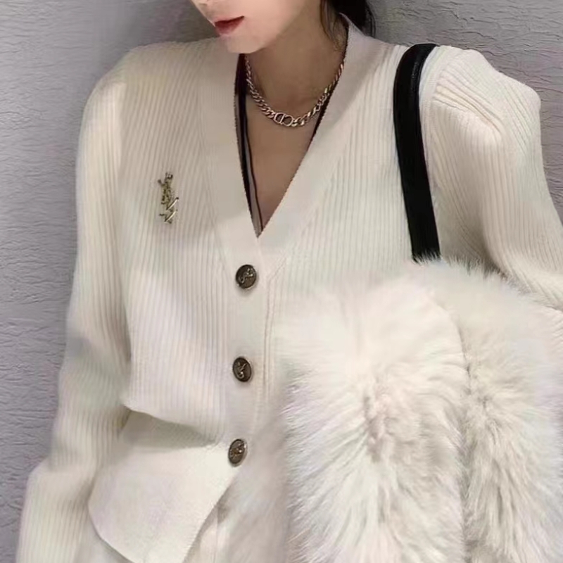 溫柔風春款V領坑條針織開衫女短款2023新款韓系收腰顯瘦毛衣外套