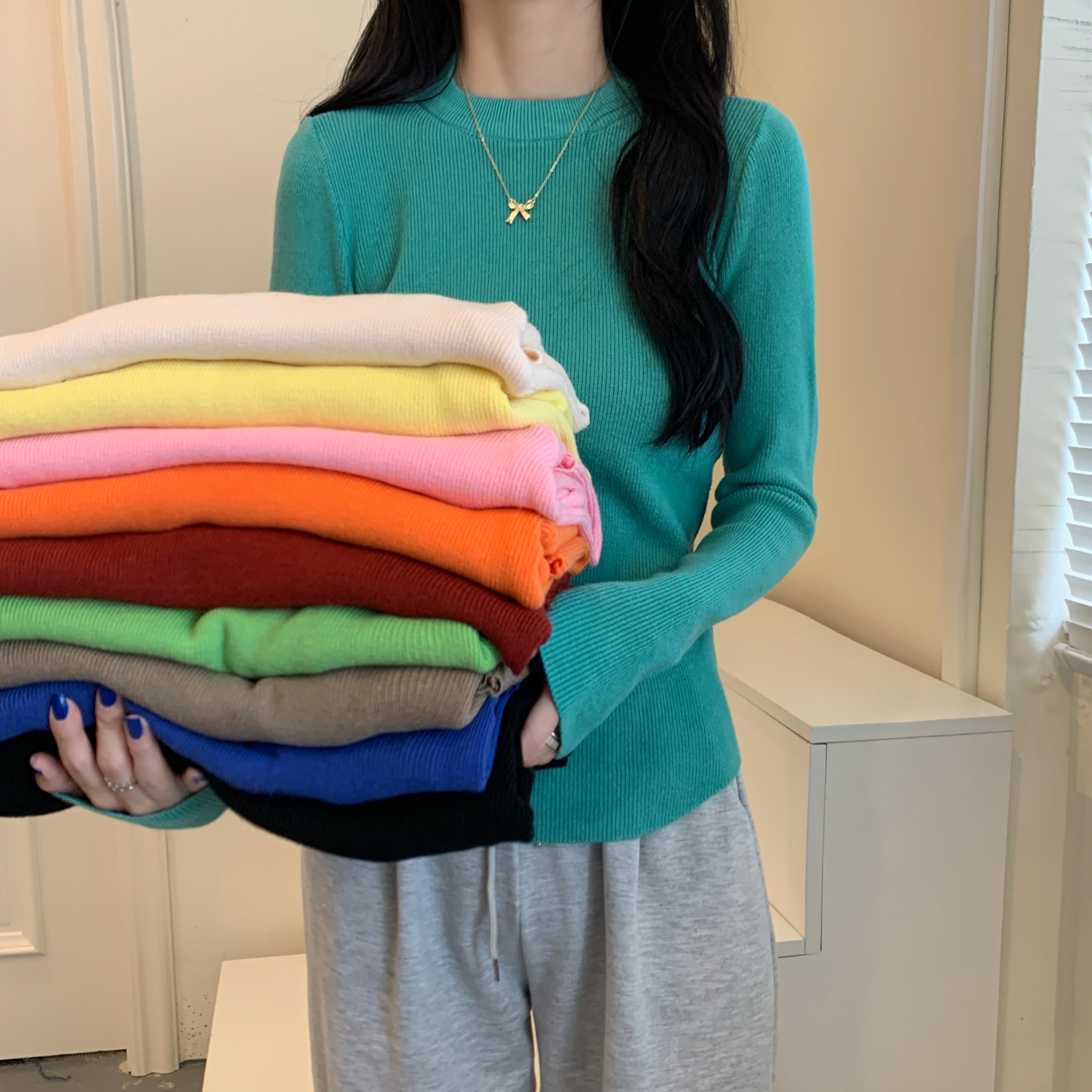 Actual shot of core-spun yarn, skin-friendly and soft~candy color versatile round neck solid color sweater base long-sleeved sweater