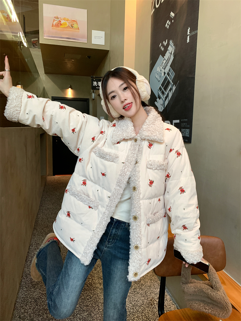 Real shot of embroidered thickened short down jacket for women corduroy stitching warm jacket
