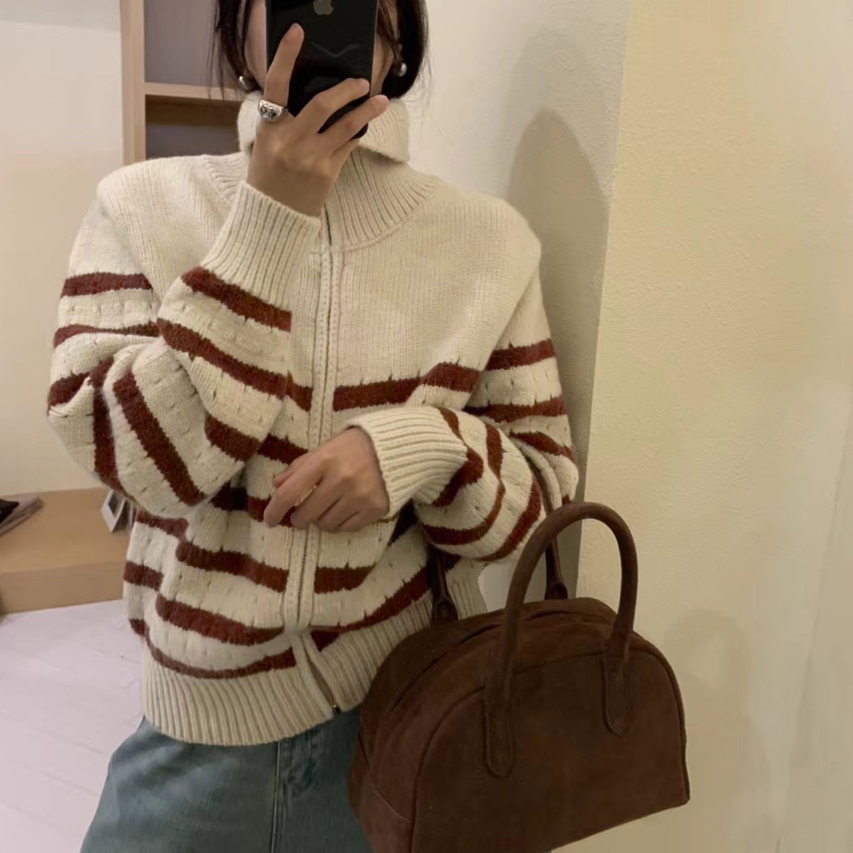 質檢官圖秋冬翻領條紋毛衣女寬鬆慵懶風設計感拉鏈外套洋氣針織衫