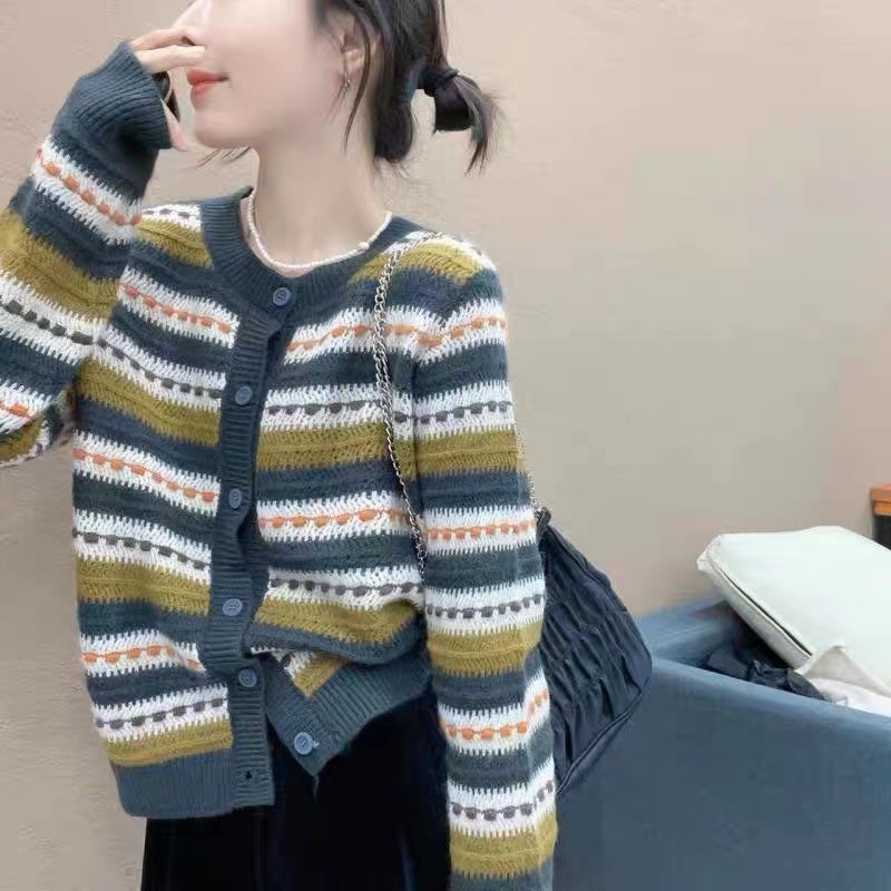 寬鬆減齡條紋外穿羊毛衫開衫女秋冬圓領休閒百搭時尚針織毛衣外套