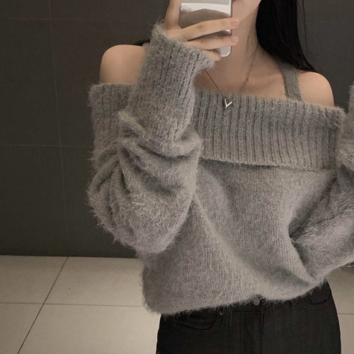 Korean chic sweet off-shoulder word-neck sweater with atmospheric imitation mink knitted top for women