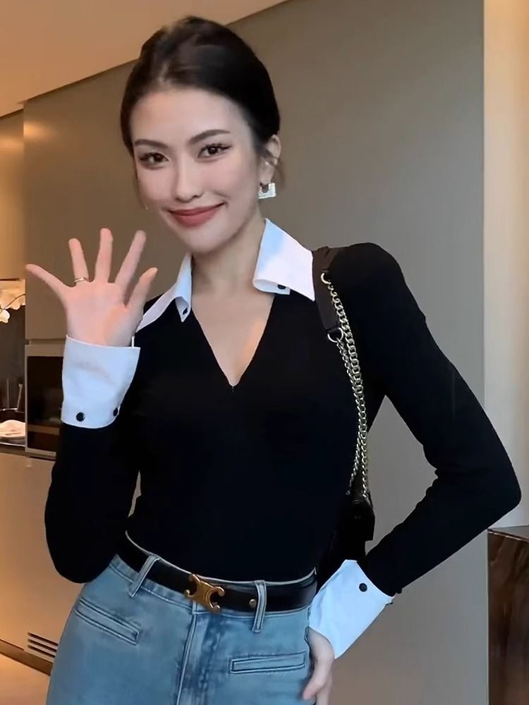 德絨1*1 設計感拼接長袖t恤小眾別致辣妹性感打底衫修身上衣女