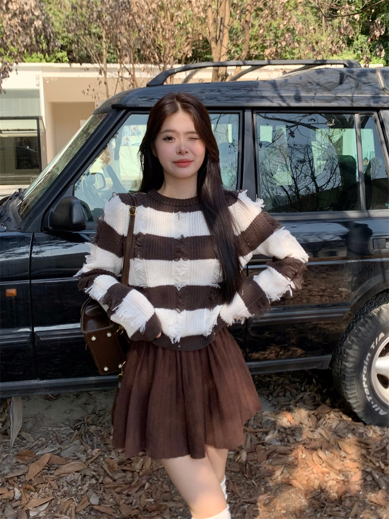 實拍秋冬新款設計感流蘇條紋毛衣女小眾寬鬆百搭針織衫上衣女