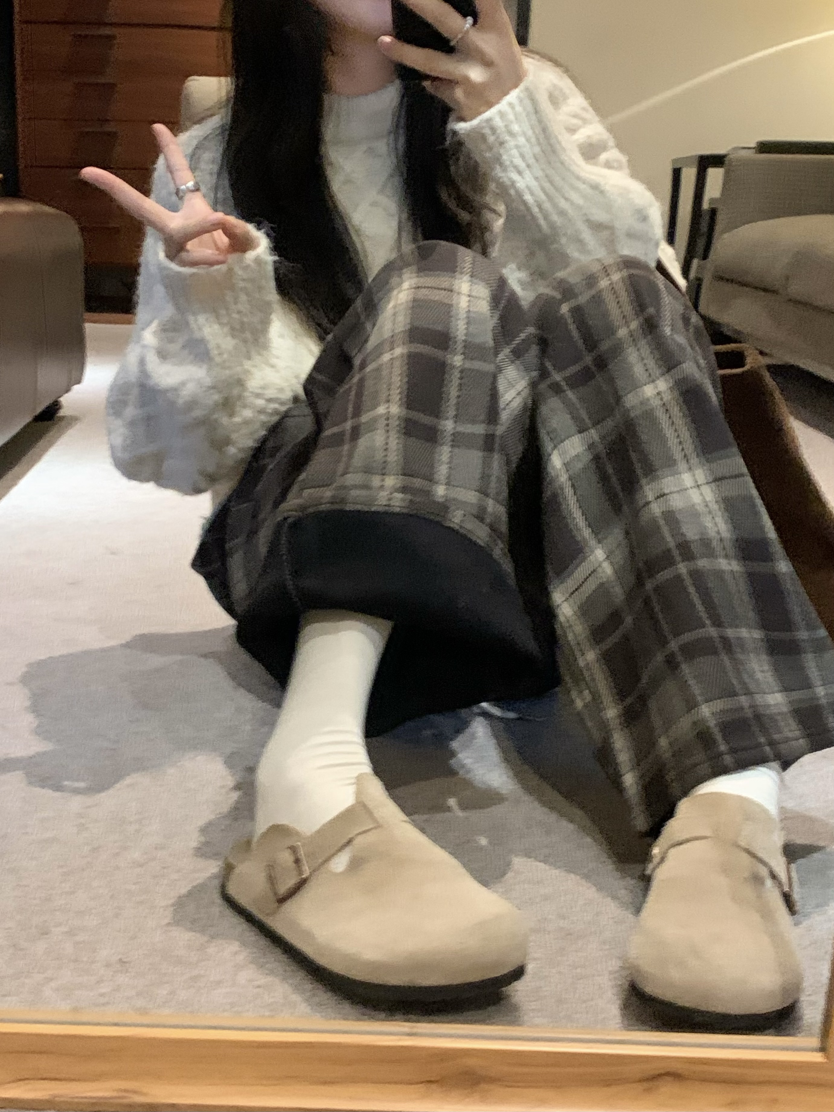 實拍～加絨加厚慵懶風復古磨毛格子休閒褲寬鬆加絨闊腿褲