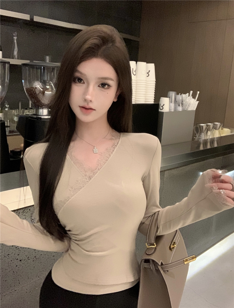 實拍復古性感V領蕾絲拼接打底衫修身顯瘦內搭長袖上衣T恤女