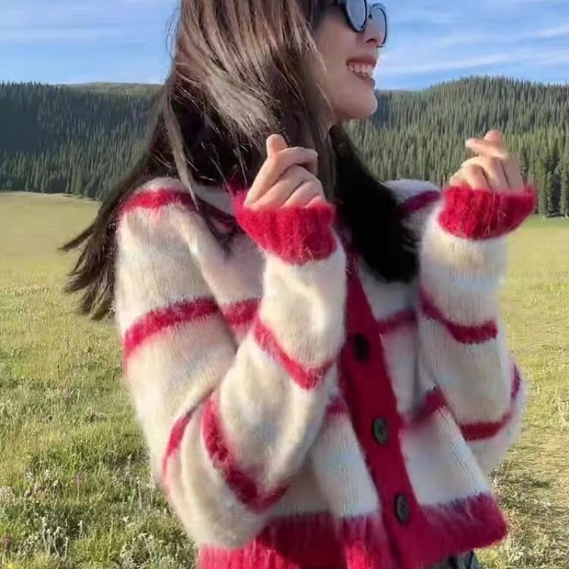 水貂法式撞色條紋軟糯針織開衫女秋季設計感小眾別致馬海毛衣外套