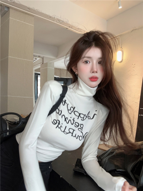實拍~字母印花抓絨修身彈力T恤女長袖打底衫2023新款秋冬上衣