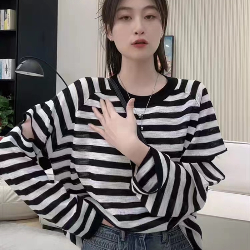 條紋鏤空針織衫女長袖t恤女2023新款秋季薄款防曬衫顯瘦寬鬆上衣