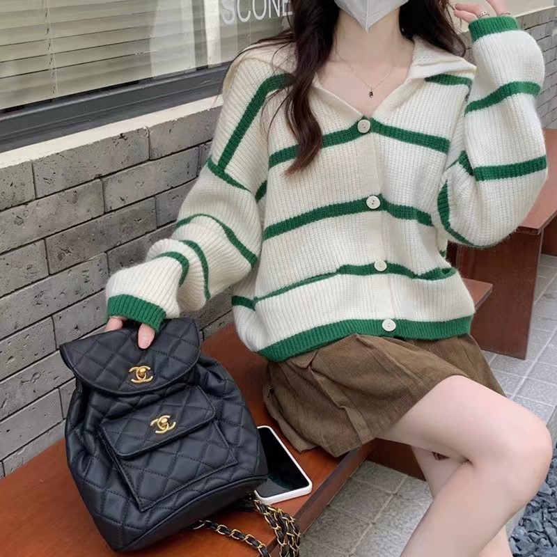 翻領條紋長袖針織開衫女春秋新款溫柔風甜美寬鬆時尚洋氣毛衣上衣