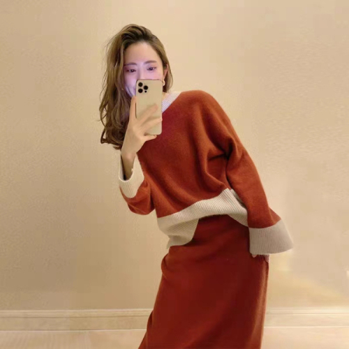 New Year's greetings red sweater New Year's shirt clothes high-end socialite winter wear small fragrance two-piece suit skirt