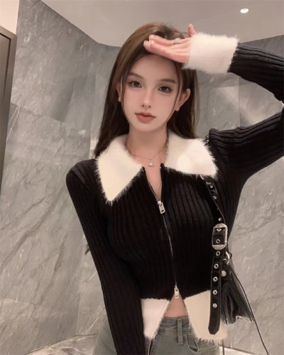 Black short polo collar knitted cardigan for women in autumn and winter fur collar zipper sweater slim inner layering top
