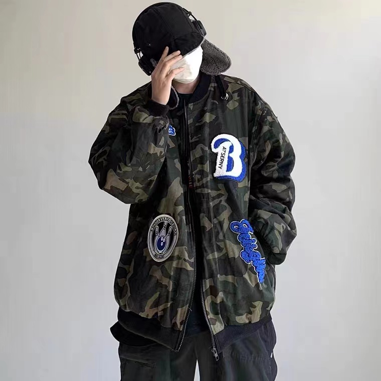 美式街頭迷彩棒球服外套男女春秋季小眾潮牌設計感機車服夾克上衣