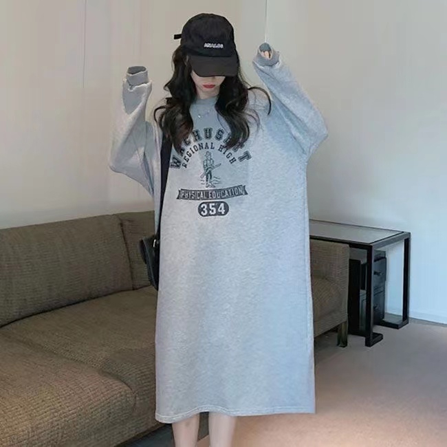 cec秋冬款加絨長袖連衣裙大碼女裝衛衣裙韓國ins潮設計感寬鬆長裙