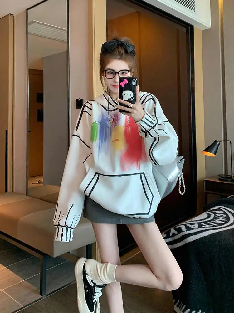 美式復古白色連帽套頭衛衣女春秋季oversize寬鬆帽衫加絨加厚上衣