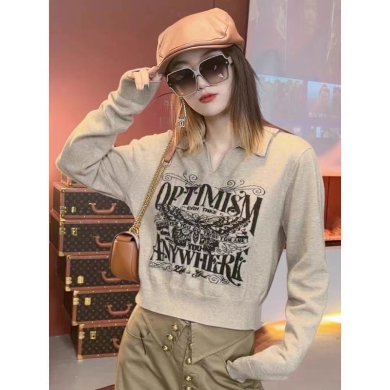 復古印花polo領針織衫上衣女秋季2023新款設計感寬鬆套頭短款毛衣