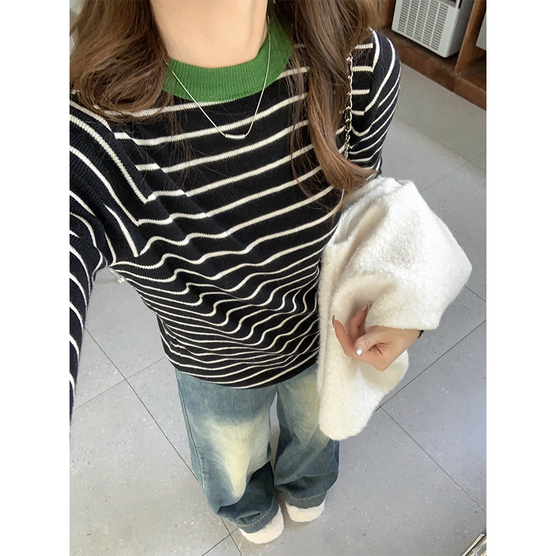 實拍撞色條紋打底針織衫女秋冬圓領套頭毛衣內搭修身氣質上衣