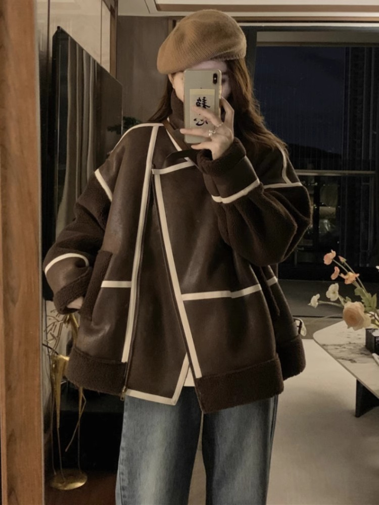 Motorcycle clothing women's winter style fur one-piece lamb wool jacket women's 2023 new winter internet celebrity jacket