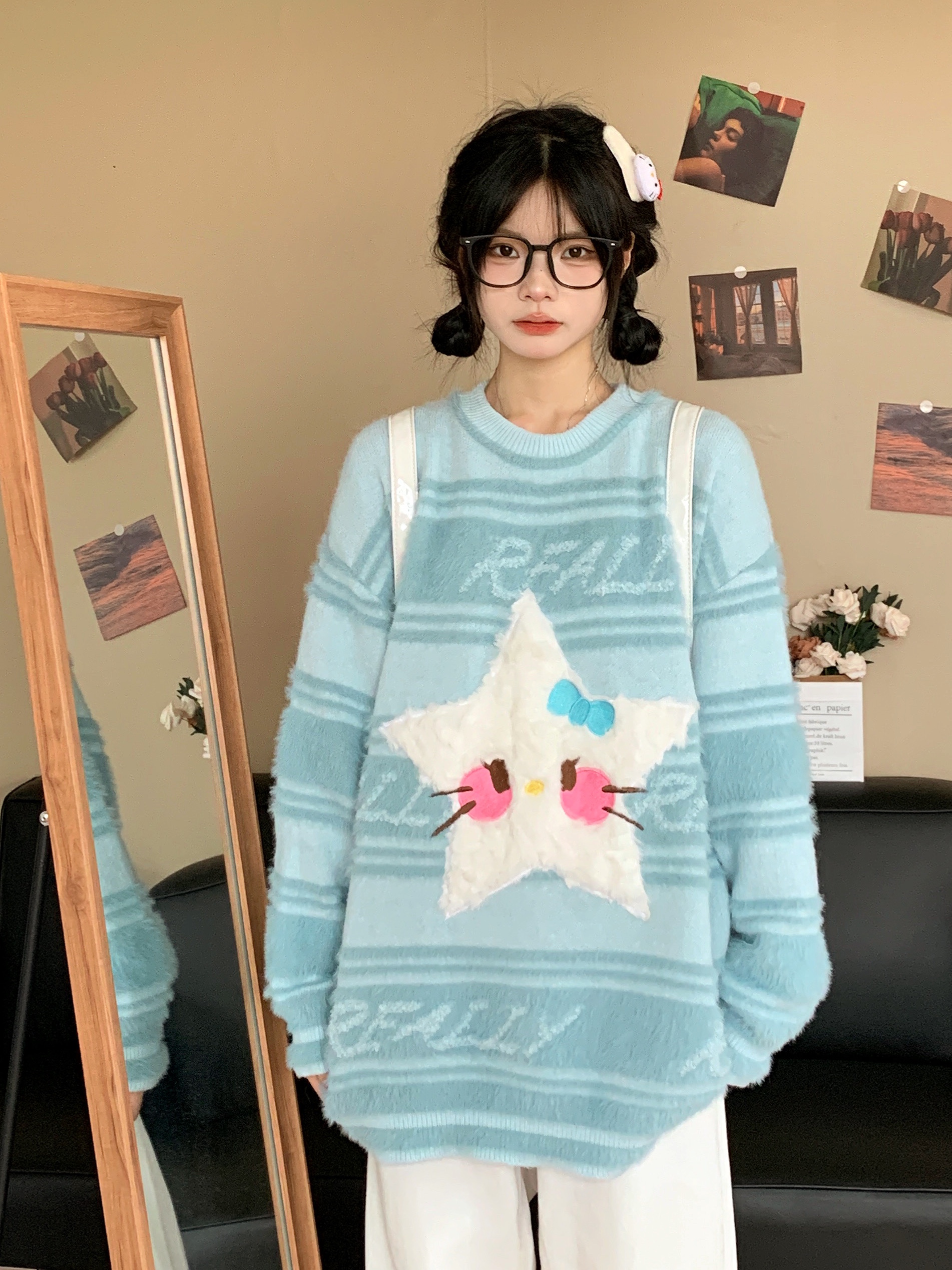 做夢特長生 甜美植絨五角星圓領毛衣日系軟糯寬鬆秋慵懶套頭上衣