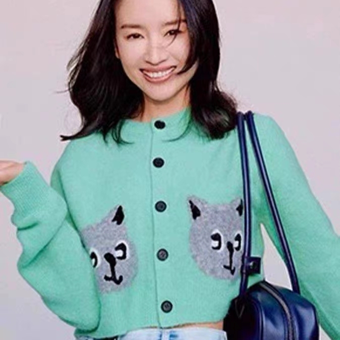 歐洲站毛衣2023秋季新款女裝軟糯慵懶小香風貓咪提花綠色針織毛衫