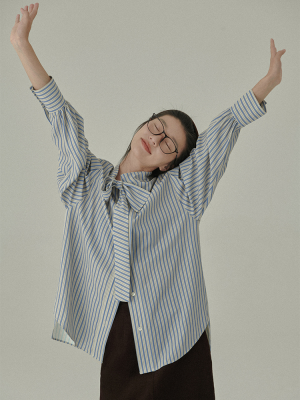 HAVERICE飯館 超精緻！文藝少女 氛圍感蝴蝶結寬鬆條紋襯衫上衣女