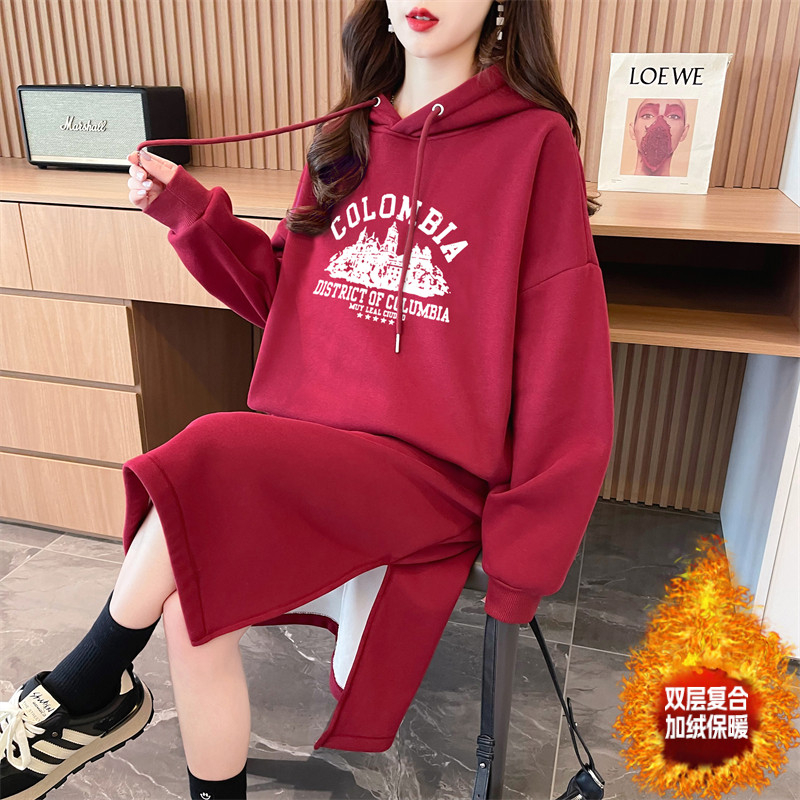 實拍 秋冬韓版寬鬆華棉複合400克連帽印花過膝連衣裙加絨衛衣女