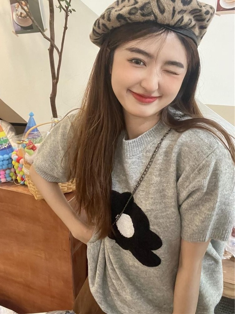 高級感寬鬆花朵毛衣夏季慵懶風設計感針織衫ins小眾短袖上衣女潮