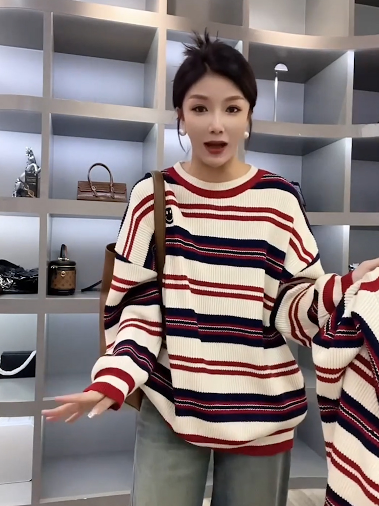韓版寬鬆撞色條紋毛衣女2023年冬款長袖圓領套頭時尚百搭針織上衣