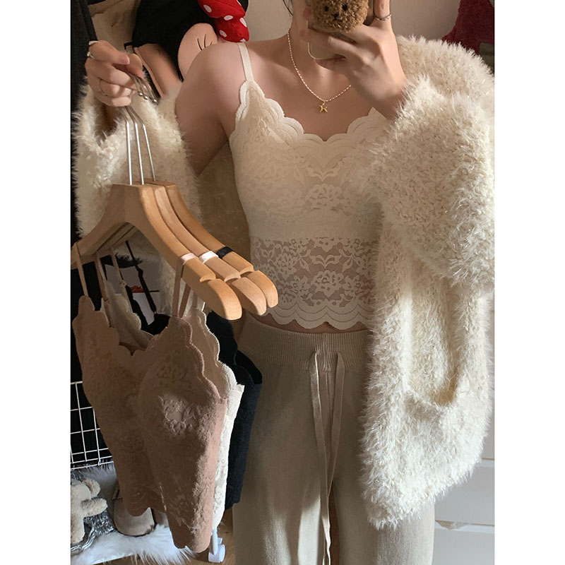 Actual shot of autumn and winter sexy lace brushed camisole for women with breast pads and a beautiful back